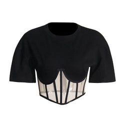 Sexy Crew Neck Short Sleeve Underwire Sheer Mesh Cropped Corset Top