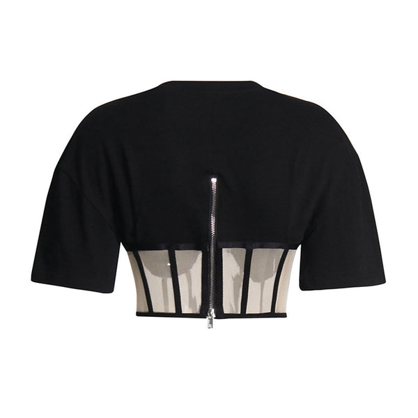 Sexy Crew Neck Short Sleeve Underwire Sheer Mesh Cropped Corset Top