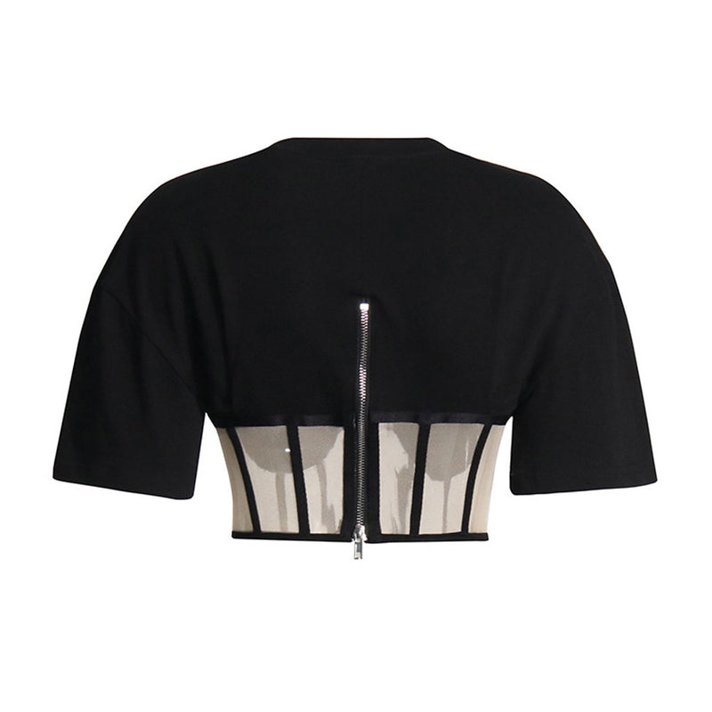 Sexy Crew Neck Short Sleeve Underwire Sheer Mesh Cropped Corset Top