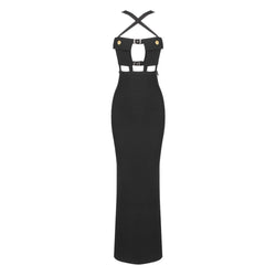 Sexy Crossover Front Chest Pocket Cutout Buckled Strap Split Maxi Evening Dress