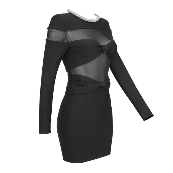 Sexy Crystal Bow Front Sheer Mesh Panel Long Sleeve Mini Bandage Dress