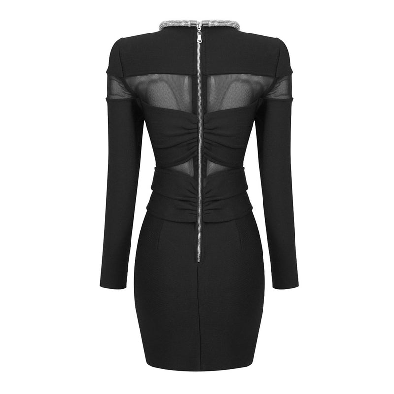 Sexy Crystal Bow Front Sheer Mesh Panel Long Sleeve Mini Bandage Dress