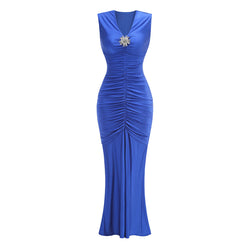 Sexy Crystal V Neck Sleeveless Ruched Bodycon Fishtail Maxi Evening Dress