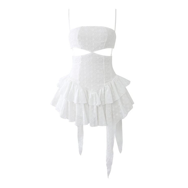 Sexy Cut Out Drop Waist Ruffle Tiered Cami Broderie Anglaise Mini Sundress