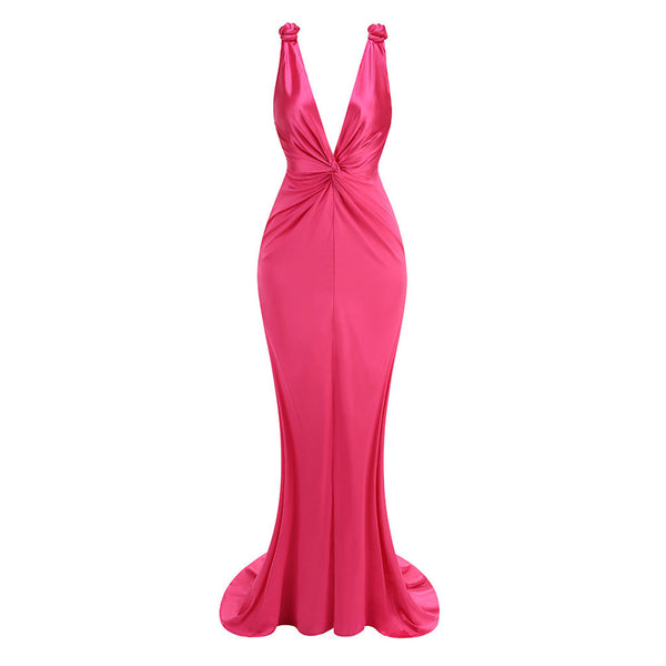 Sexy Deep V Gathered Twist Braided Strap Backless Satin Fishtail Maxi Dress