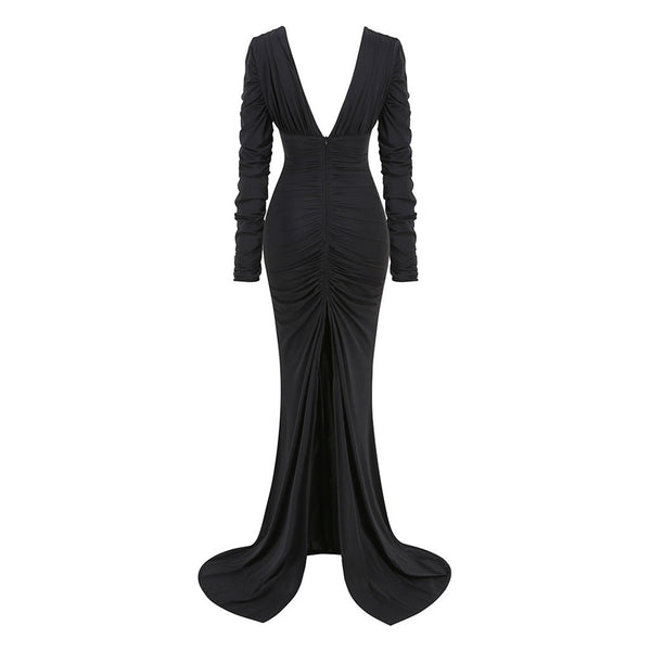 Sexy Deep V Neck Ruched Long Sleeve Split Fishtail Maxi Evening Dress