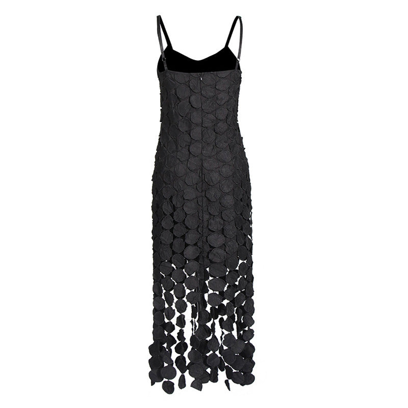 Sexy Embroidery Lacer Cutout Fringe Trim Spaghetti Strap Midi Slip Dress