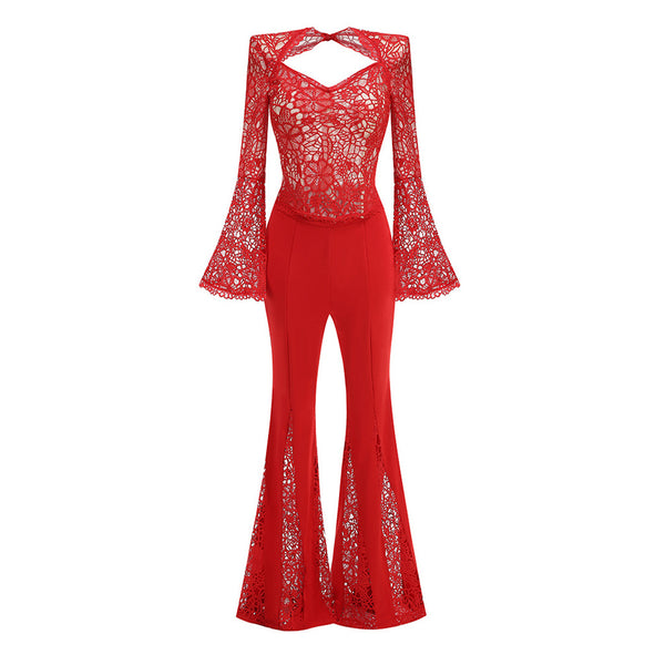 Sexy Guipure Lace Sheer Top High Waist Fit & Flared Pant Matching Set