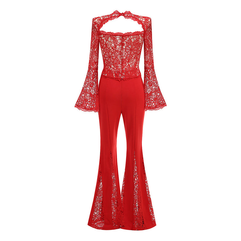 Sexy Guipure Lace Sheer Top High Waist Fit & Flared Pant Matching Set