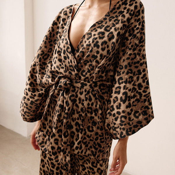 Sexy Leopard Printed Wrap Robe High Waist Wide Leg Pants Lounge Set