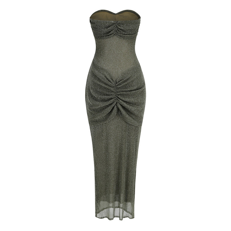 Sexy Metallic Lurex Sheer Ruched Strapless Bustier Maxi Evening Dress