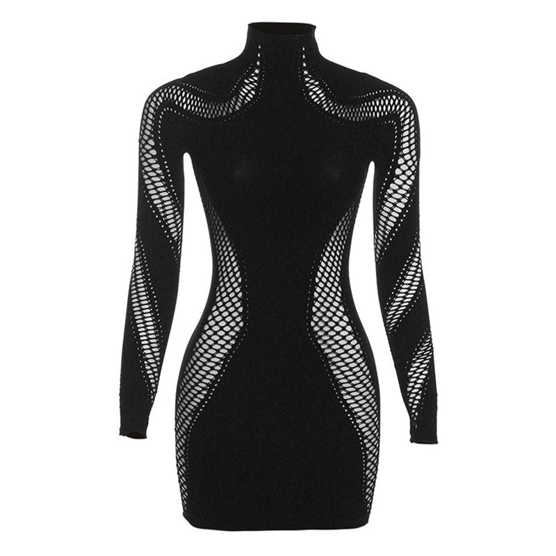 Sexy Mock Neck Lattice Lacer Cutout Long Sleeve Jersey Bodycon Mini Party Dress