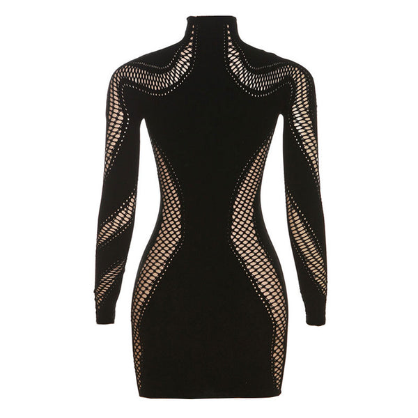 Sexy Mock Neck Lattice Lacer Cutout Long Sleeve Jersey Bodycon Mini Party Dress