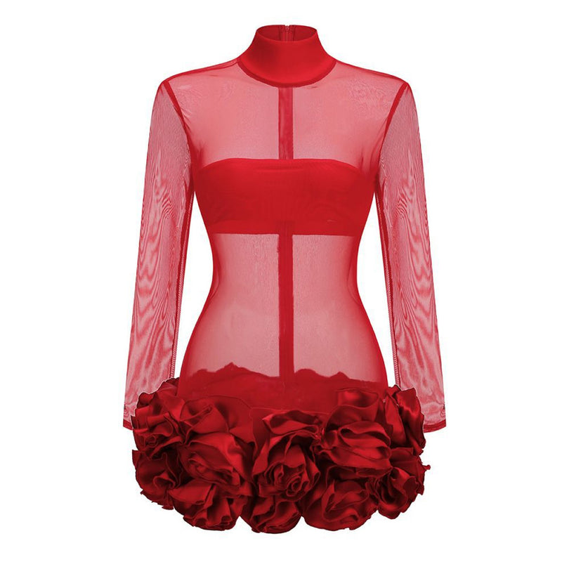 Sexy Mock Neck Long Sleeve Drop Waist Sheer Rosette Micro Mini Dress