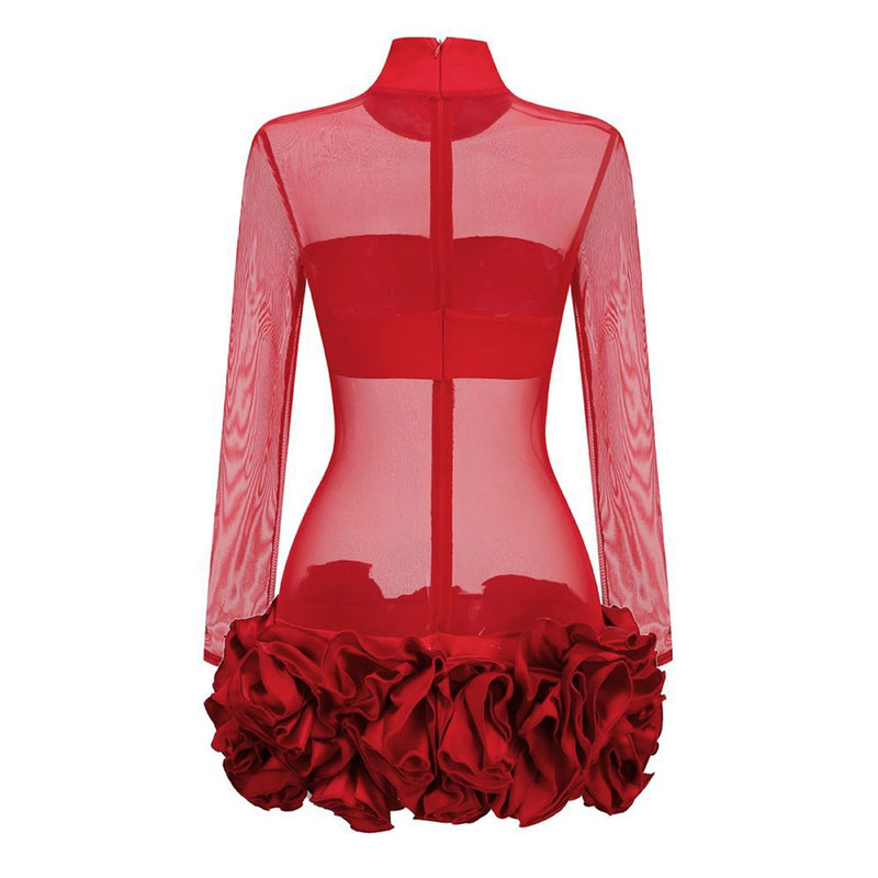 Sexy Mock Neck Long Sleeve Drop Waist Sheer Rosette Micro Mini Dress