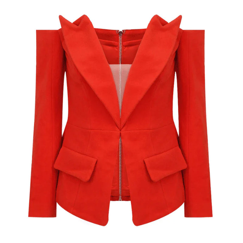 Sexy Off Shoulder Plunge Lapel Long Sleeve Cutaway Cinch Waist Blazer