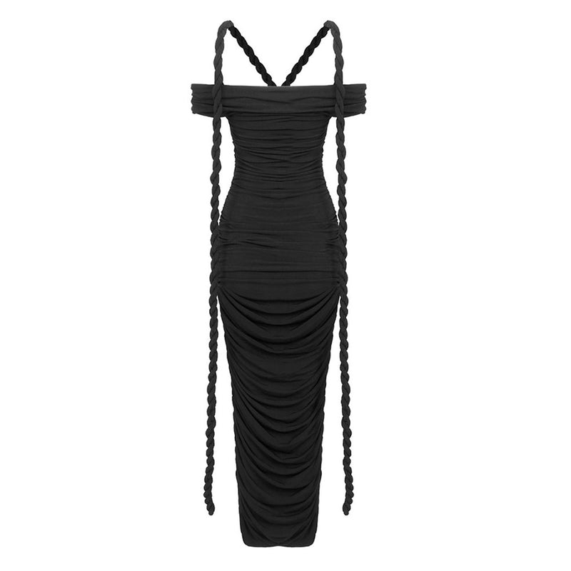 Sexy Off Shoulder Ruched Bodycon Jersey Draped Braid Rope Maxi Dress