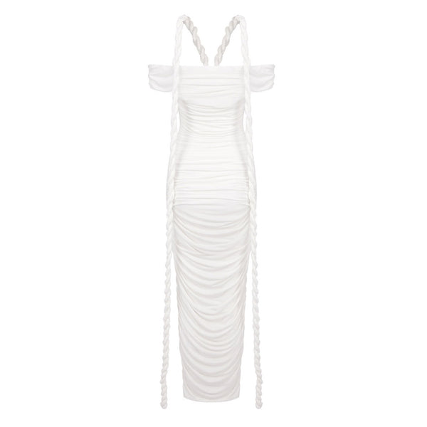 Sexy Off Shoulder Ruched Bodycon Jersey Draped Braid Rope Maxi Dress