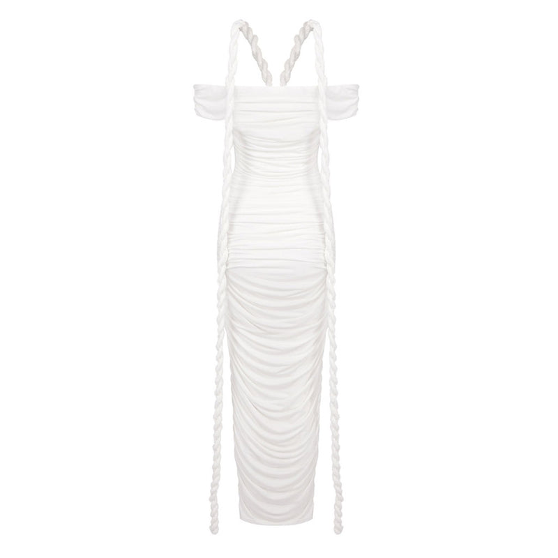 Sexy Off Shoulder Ruched Bodycon Jersey Draped Braid Rope Maxi Dress