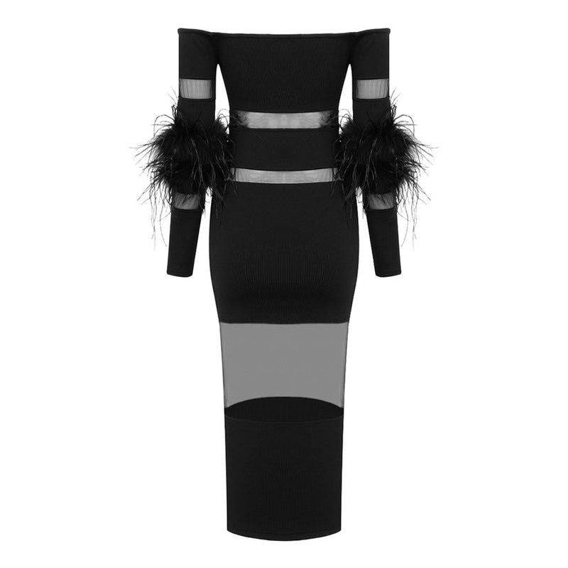 Sexy Off The Shoulder Feather Trim Sleeve Sheer Mesh Bandage Midi Dress