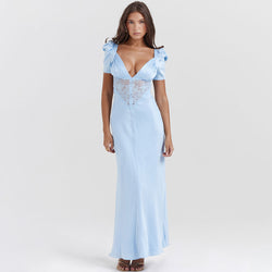 Sexy Pleated Plunge Neck Puff Short Sleeve Silky Satin and Sheer Lace Maxi Fishtail Dress