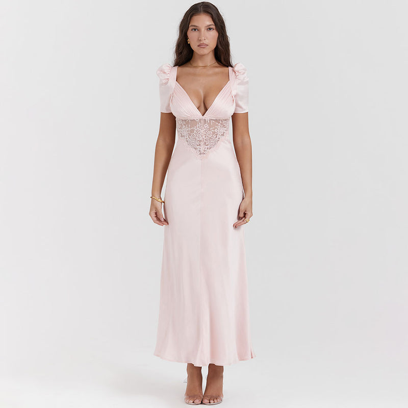 Sexy Pleated Plunge Neck Puff Short Sleeve Silky Satin and Sheer Lace Maxi Fishtail Dress