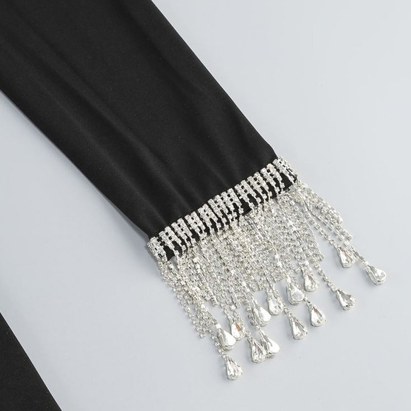 Sexy Plunge Twist Front Crystal Fringe Sleeve High Split Jersey Maxi Dress