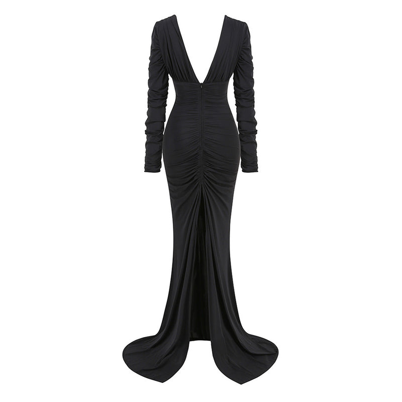 Sexy Plunge V Neck Long Sleeve Ruched Split Train Fishtail Maxi Dress