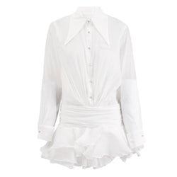 Sexy Pointed Collar Button Up Ruched Tiered Ruffle Sheer Mini Shirt Dress