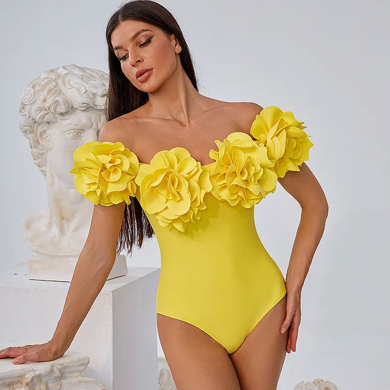 Sexy Rosette Cluster Applique Plunge Neck Off Shoulder One Piece Swimsuit