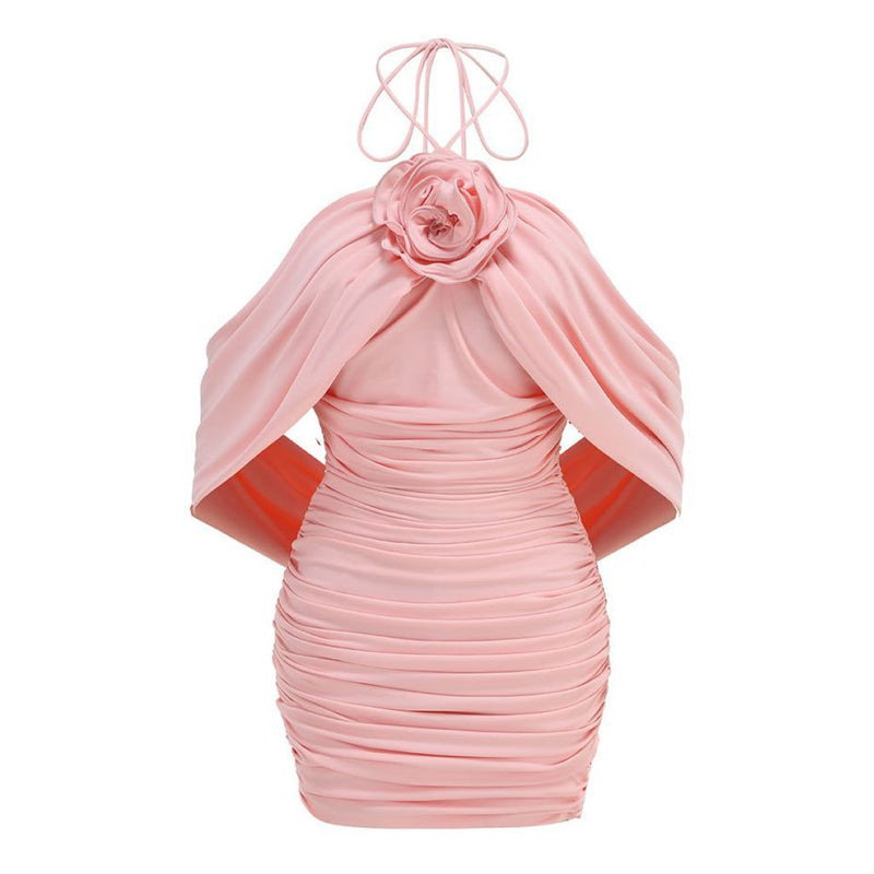 Sexy Rosette Halter Off Shoulder Draped Ruched Bodycon Mini Party Dress