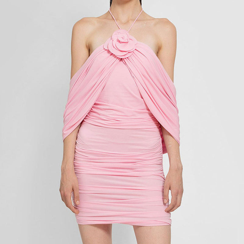 Sexy Rosette Halter Off Shoulder Draped Ruched Bodycon Mini Party Dress