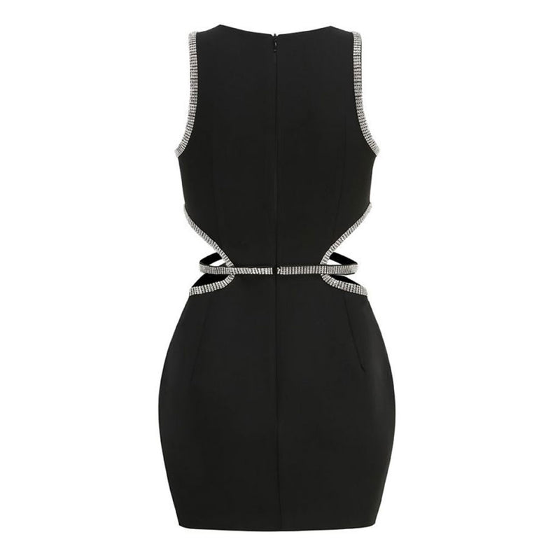 Sexy Rosette Rhinestone Cut Out Crew Neck Sleeveless Bodycon Mini Party Dress