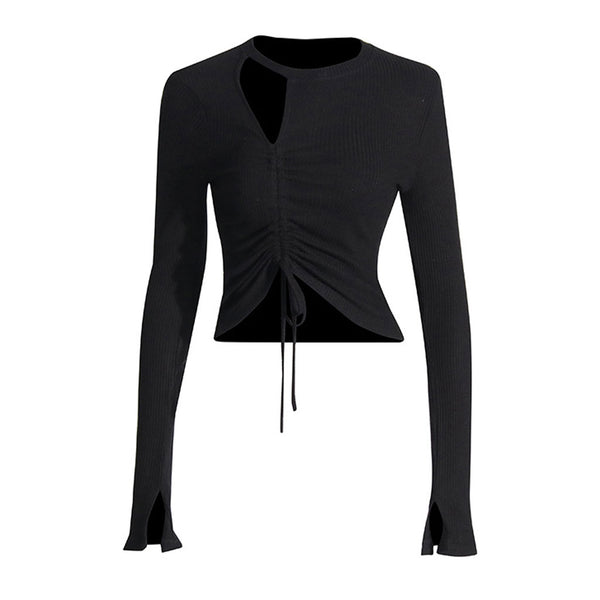 Sexy Round Neck Cutout Ruched Tie Split Long Sleeve Slim Fit Ribbed Top