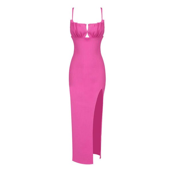 Sexy Ruched Bustier Spaghetti Strap Thigh High Ribbed Knit Midi Slip Dress