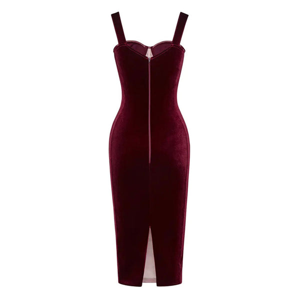 Sexy Ruched Mesh Panel Sweetheart Suspender Strap Corset Midi Velvet Dress