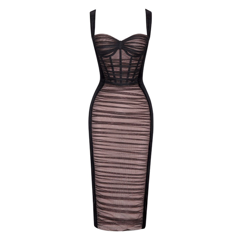 Sexy Ruched Mesh Panel Sweetheart Suspender Strap Corset Midi Velvet Dress