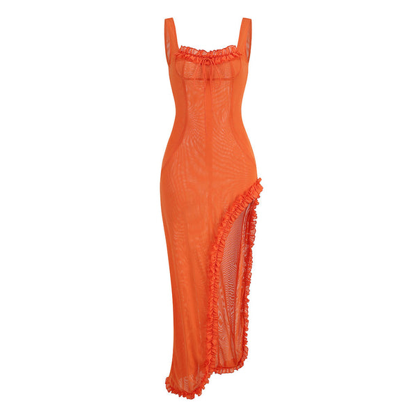 Sexy Ruffle Trim Square Neck Sleeveless Thigh Split Sheer Mesh Maxi Dress