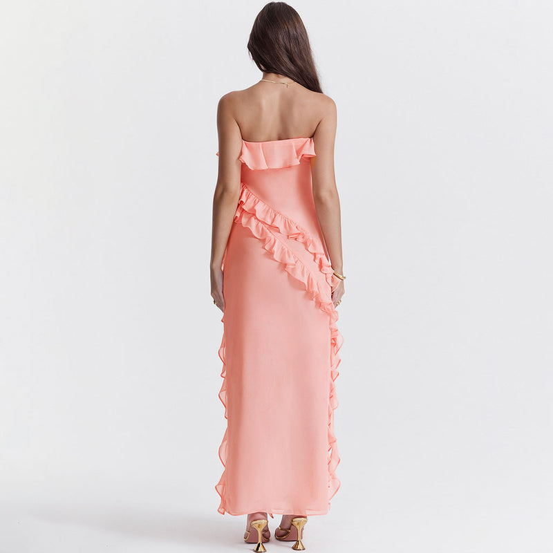 Sexy Ruffled Neck Draped Strap Side High Split Strapless Maxi Evening Dress