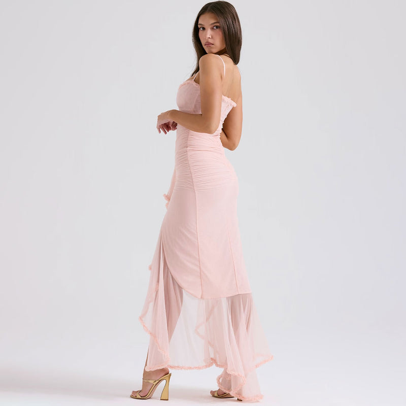 Sexy Ruffled Sweetheart Neck Cutout Ruched Draped Mesh High Low Slip Dress