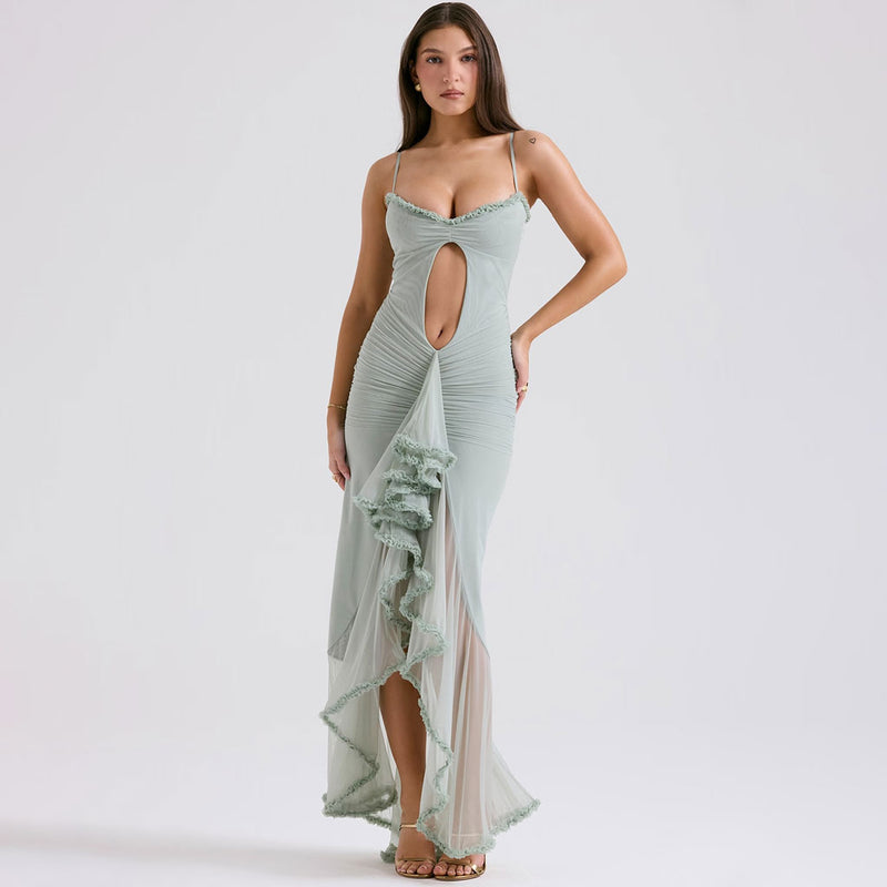 Sexy Ruffled Sweetheart Neck Cutout Ruched Draped Mesh High Low Slip Dress