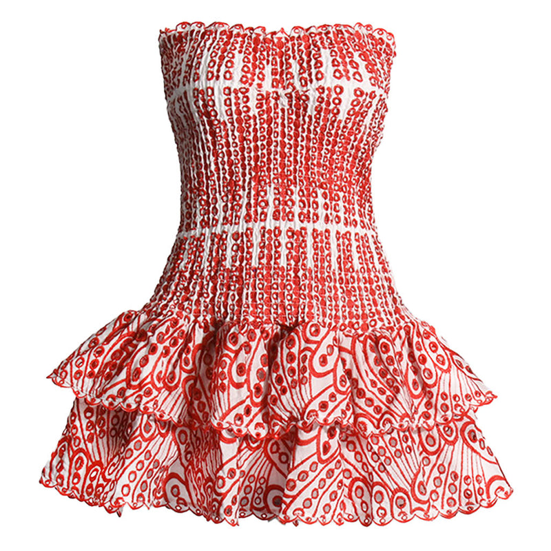 Sexy Scalloped Strapless Smocked Broderie Anglaise Tiered Ruffled Mini Dress