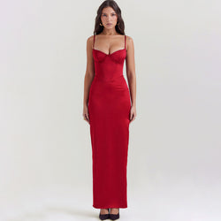 Sexy Scalloped Sweetheart Neck High Waist Sheen Satin Corset Sleeveless Maxi Dress