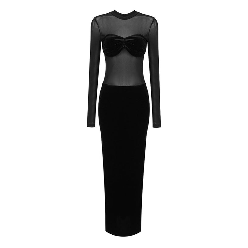 Sexy Sheer Mesh Mock Neck Long Sleeve Split Velvet Maxi Evening Dress