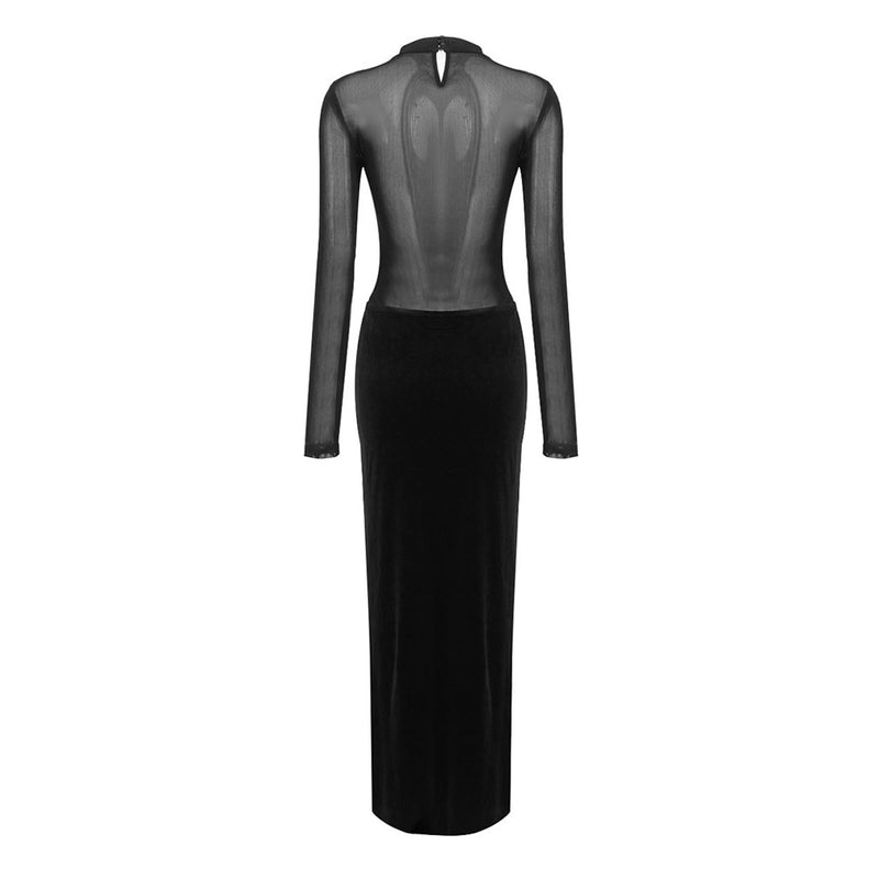 Sexy Sheer Mesh Mock Neck Long Sleeve Split Velvet Maxi Evening Dress