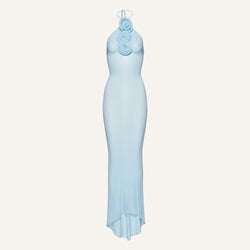 Sexy Sheer Mesh Rosette Halter Neck Sleeveless Maxi Evening Dress