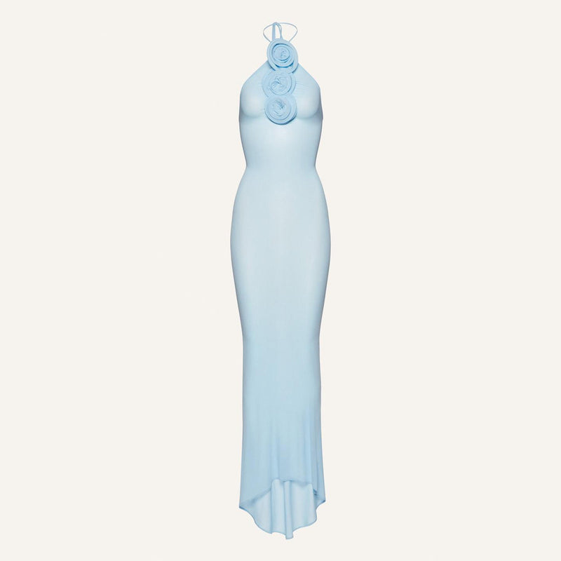 Sexy Sheer Mesh Rosette Halter Neck Sleeveless Maxi Evening Dress