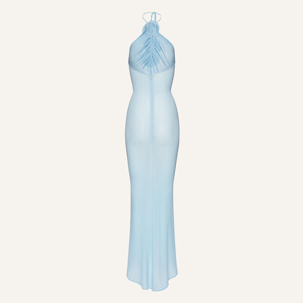 Sexy Sheer Mesh Rosette Halter Neck Sleeveless Maxi Evening Dress