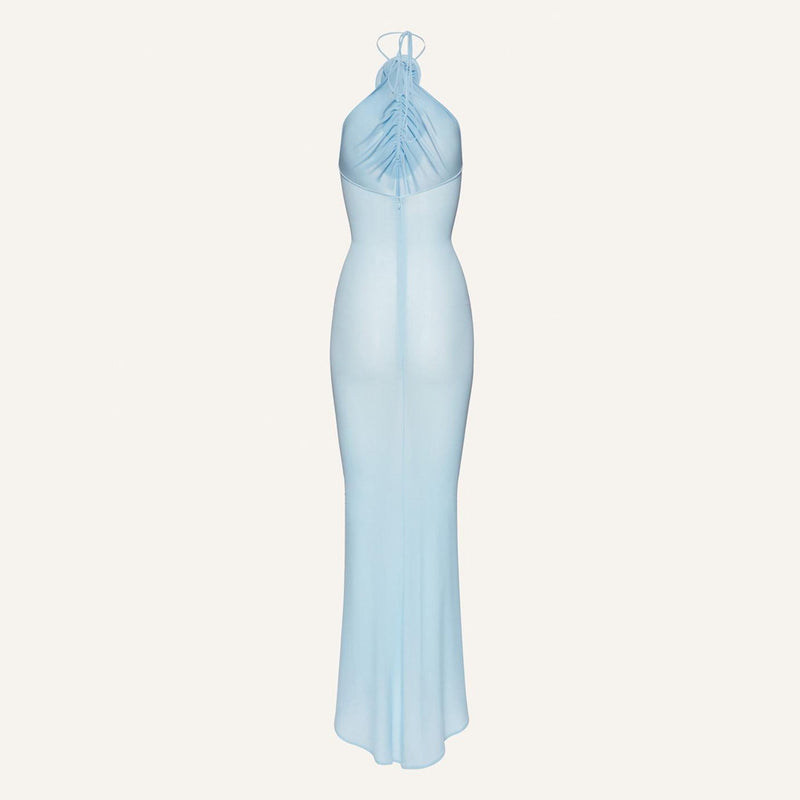 Sexy Sheer Mesh Rosette Halter Neck Sleeveless Maxi Evening Dress