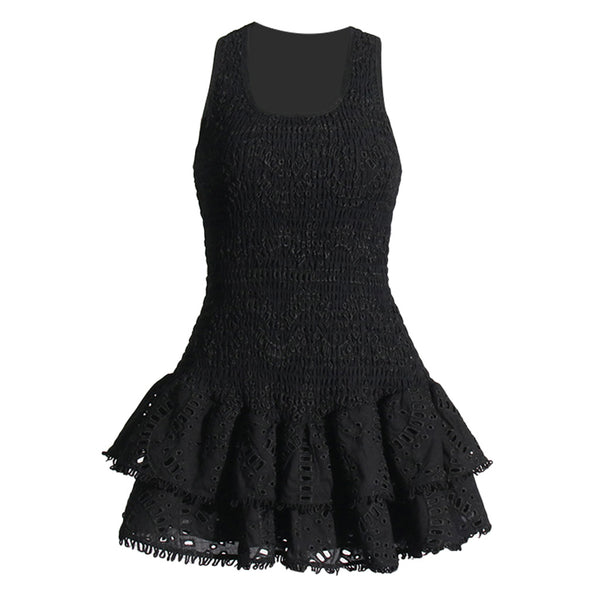 Sexy Smocked Broderie Anglaise Ruffle Tiered Drop Waist Micro Mini Dress